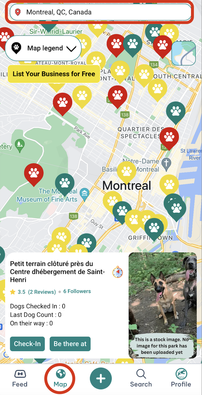 Map tab circled and search circled