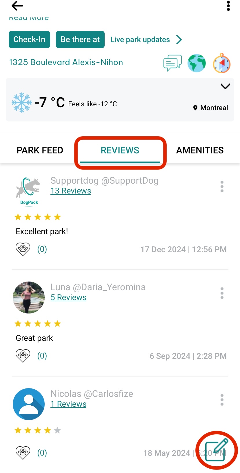 Rating a park reviews tab and pencil