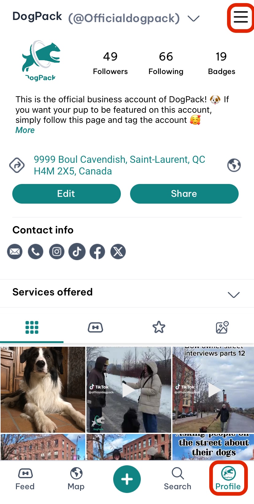 Profile and menu button circled