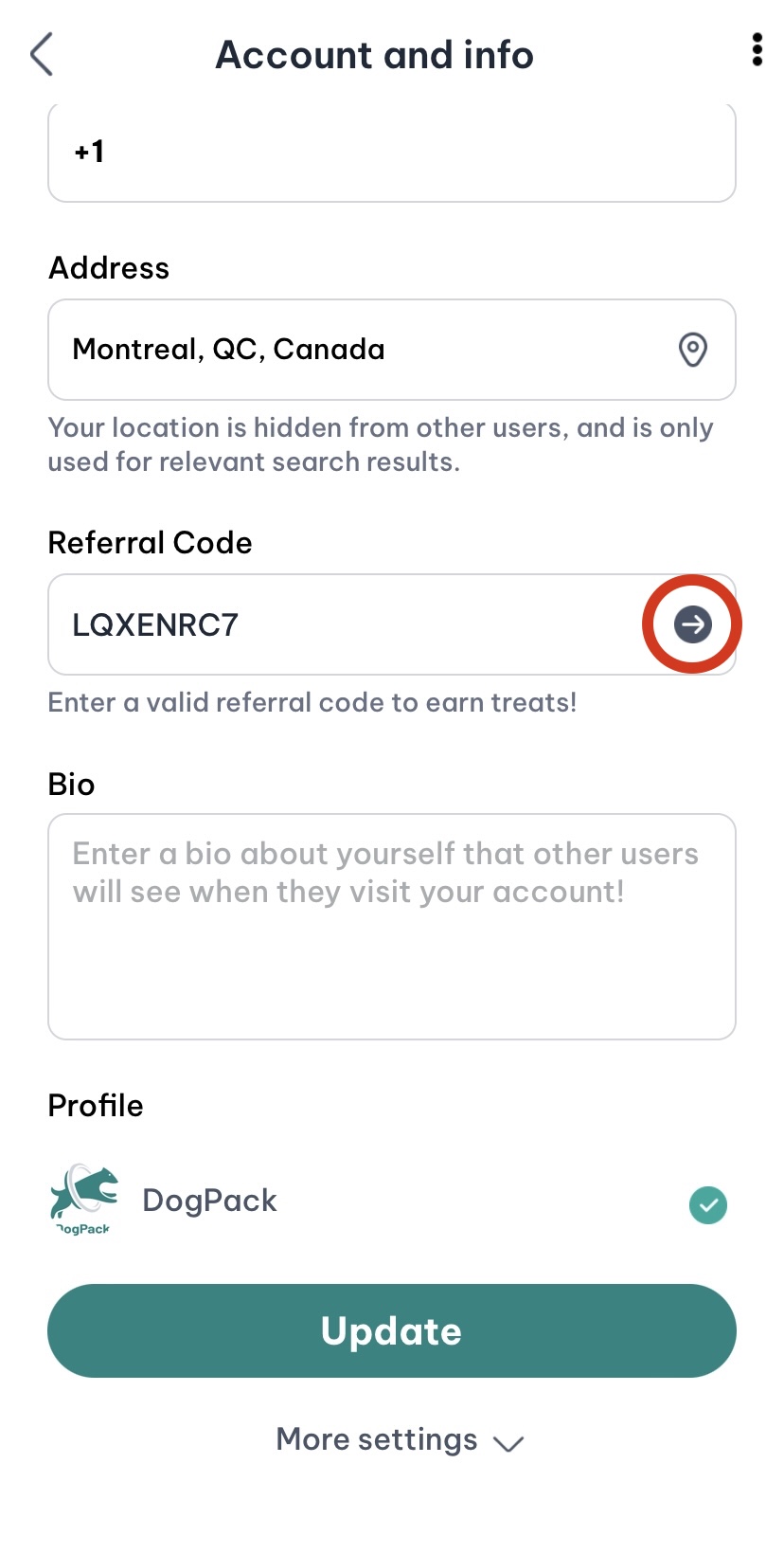 Referral code arrow circled