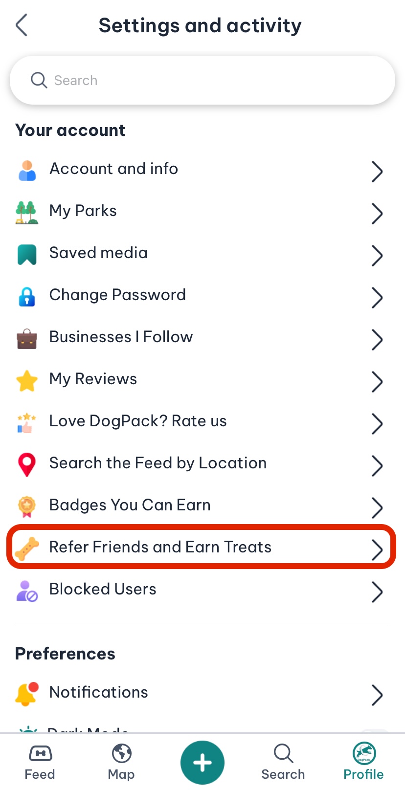 Refer and earn from menu circled