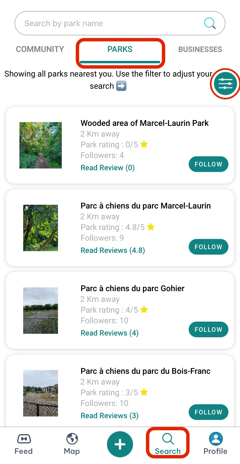 Park search, filters