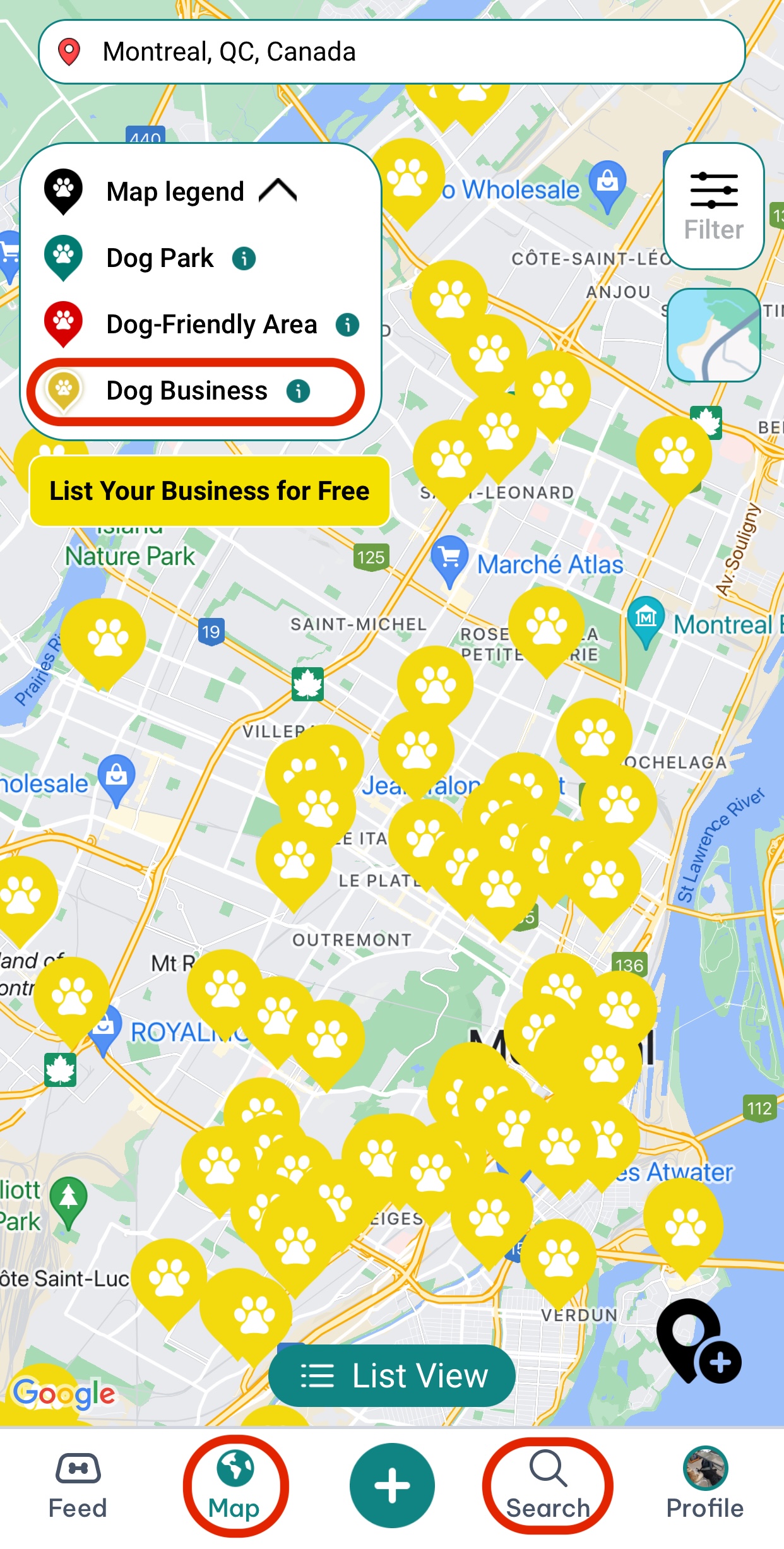 Map search, dog business circled