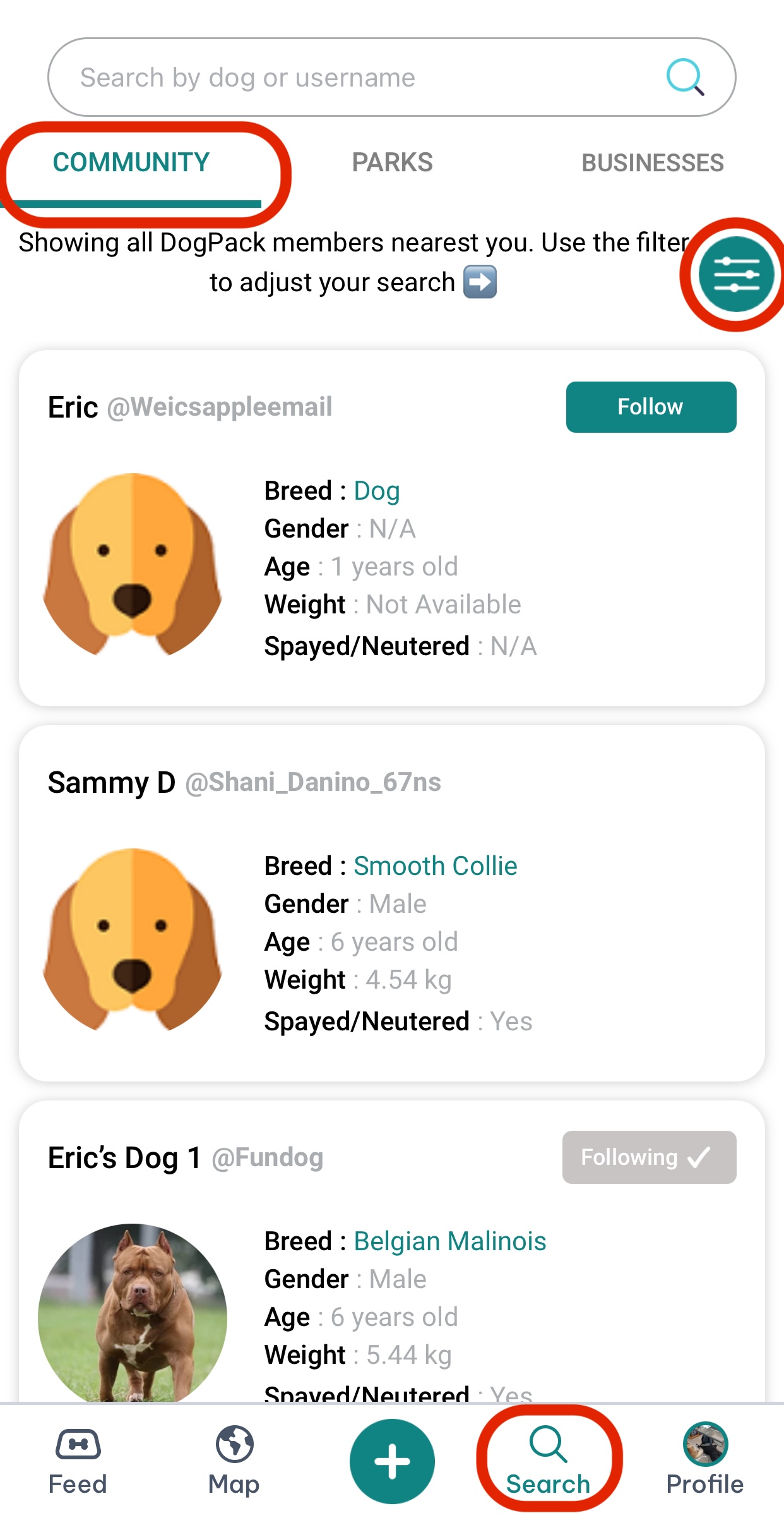 Search, community, filter