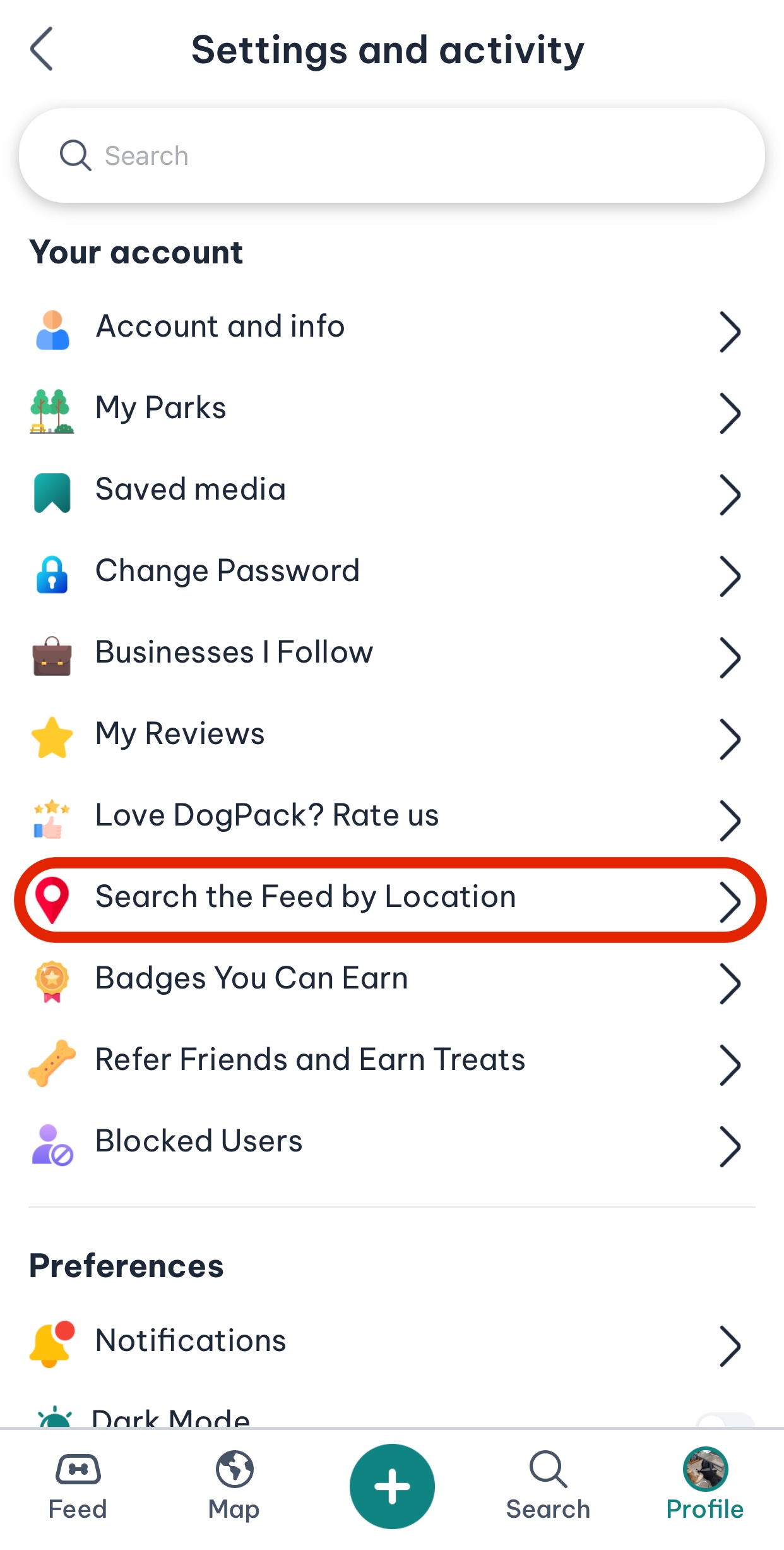 Search feed by location