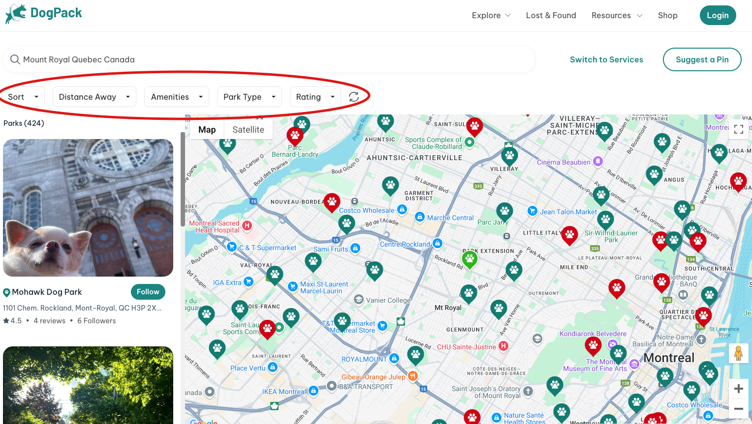 Web Park search filters circled