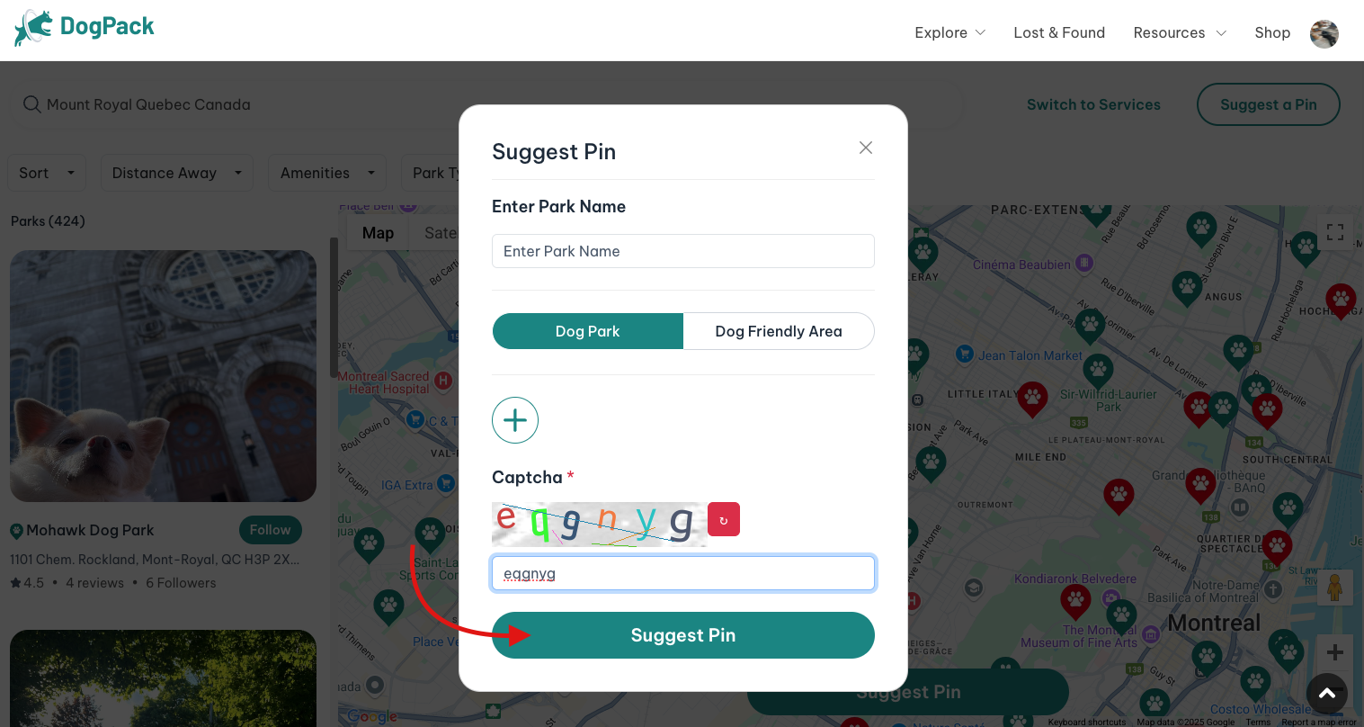 Web submit park suggestion